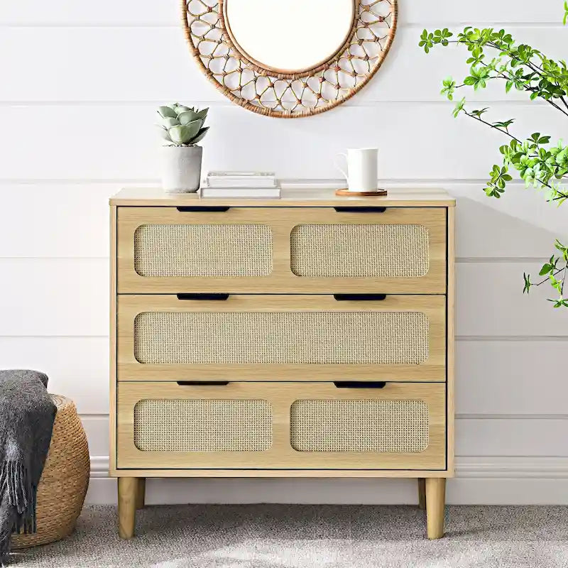 Farmhouse Rattan 3 Drawer Dresser, Wooden Wide Chest of Drawers with Metal Handles