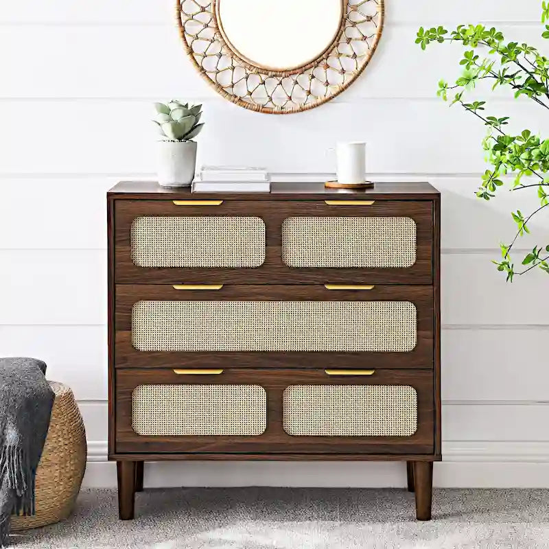 Farmhouse Rattan 3 Drawer Dresser, Wooden Wide Chest of Drawers with Metal Handles