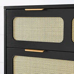 Farmhouse Rattan 3 Drawer Dresser, Wooden Wide Chest of Drawers with Metal Handles
