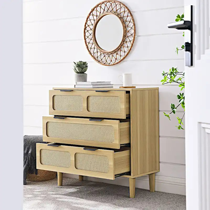 Farmhouse Rattan 3 Drawer Dresser, Wooden Wide Chest of Drawers with Metal Handles