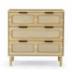 Farmhouse Rattan 3 Drawer Dresser, Wooden Wide Chest of Drawers with Metal Handles