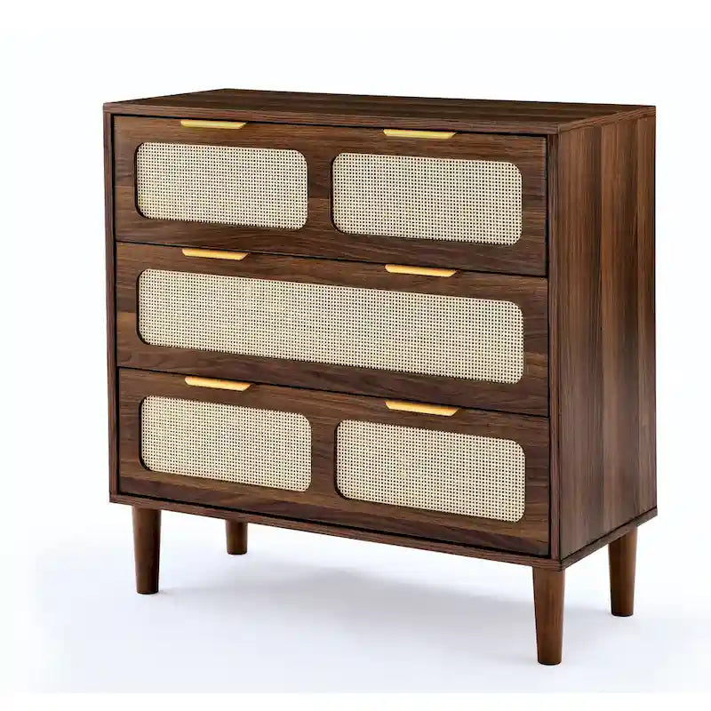 Farmhouse Rattan 3 Drawer Dresser, Wooden Wide Chest of Drawers with Metal Handles