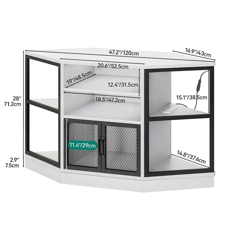 Corner Media Console with Storage Cabinets and LED Light - 47 inches in width