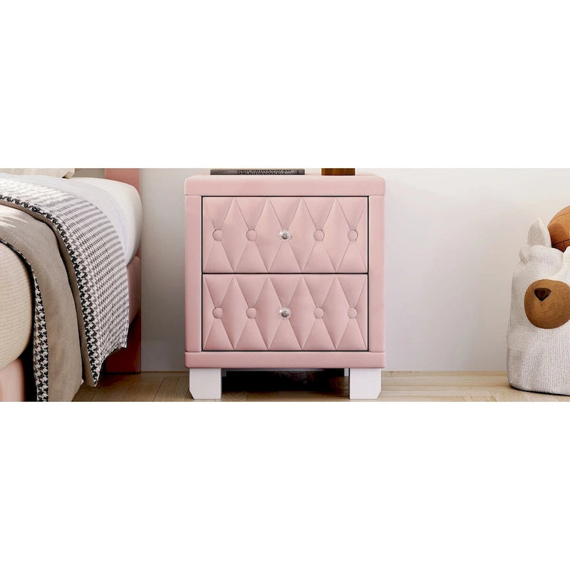 Elegant Velvet Nightstand, Bedside Storage Cabinet with Button-Tufted, Side Table with 2 Drawers with Crystal Handles