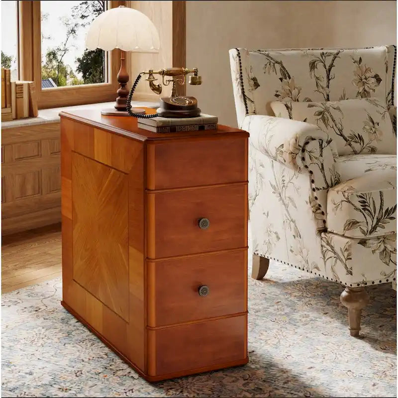 Vintage End Side Table with 2 Drawers, Bedside Nightstand