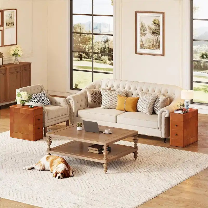 Vintage End Side Table with 2 Drawers, Bedside Nightstand