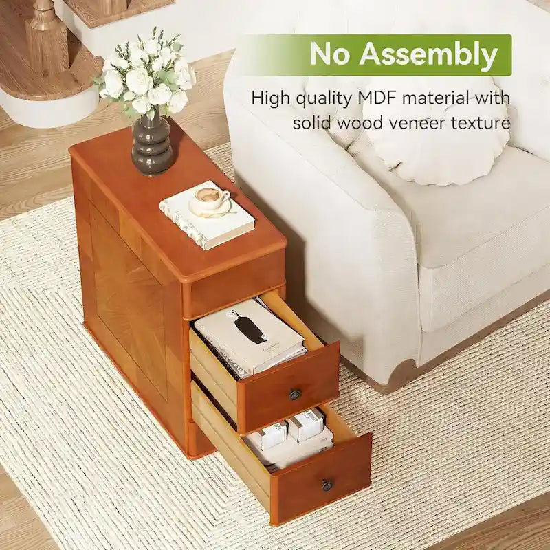 Vintage End Side Table with 2 Drawers, Bedside Nightstand