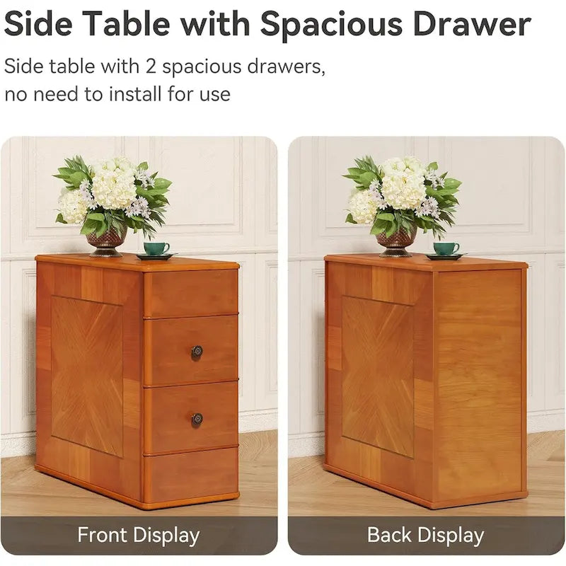 Vintage End Side Table with 2 Drawers, Bedside Nightstand