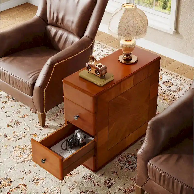 Vintage End Side Table with 2 Drawers, Bedside Nightstand