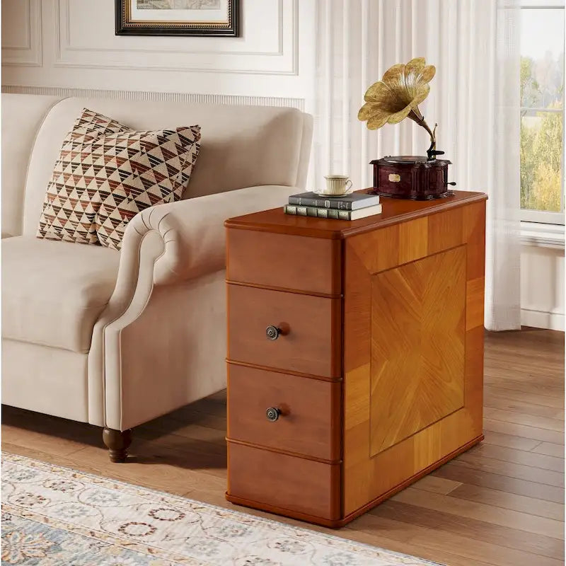 Vintage End Side Table with 2 Drawers, Bedside Nightstand