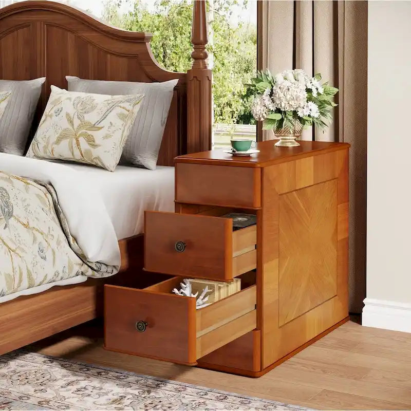 Vintage End Side Table with 2 Drawers, Bedside Nightstand