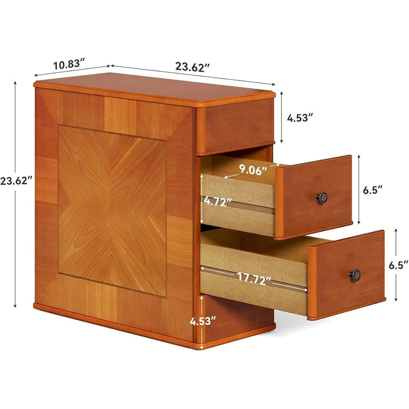 Vintage End Side Table with 2 Drawers, Bedside Nightstand