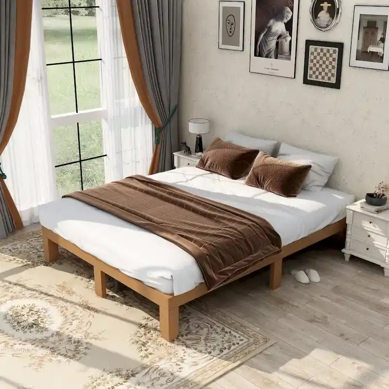 Queen Size Wooden Platform Bed with Strong Wood Slat Support for Bedroom