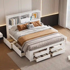 Modern Wooden Platform Bed with Storage Headboard and 8 Drawers for Bedroom