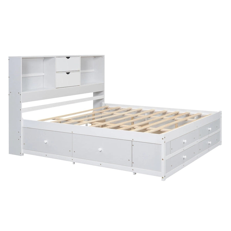 Modern Wooden Platform Bed with Storage Headboard and 8 Drawers for Bedroom
