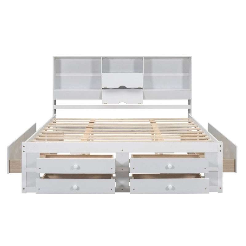 Modern Wooden Platform Bed with Storage Headboard and 8 Drawers for Bedroom