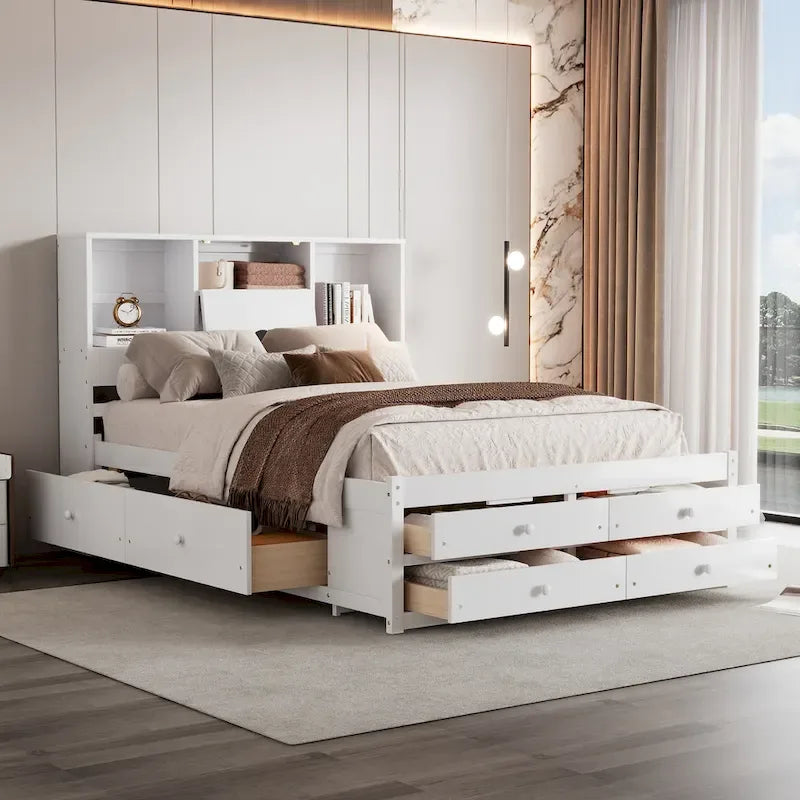 Modern Wooden Platform Bed with Storage Headboard and 8 Drawers for Bedroom