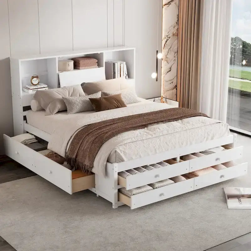 Modern Wooden Platform Bed with Storage Headboard and 8 Drawers for Bedroom