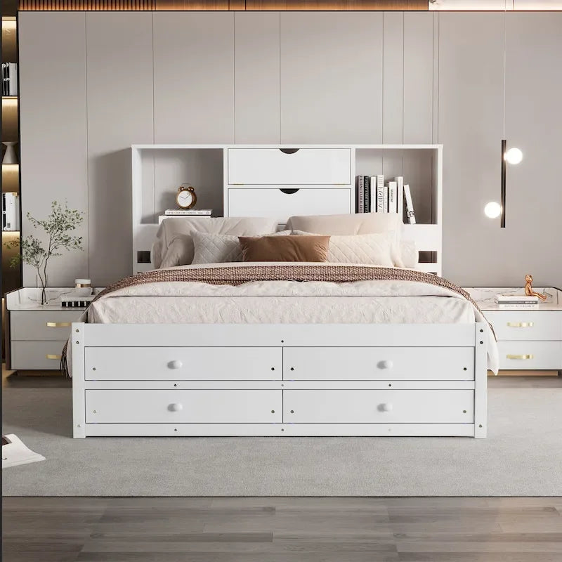 Modern Wooden Platform Bed with Storage Headboard and 8 Drawers for Bedroom