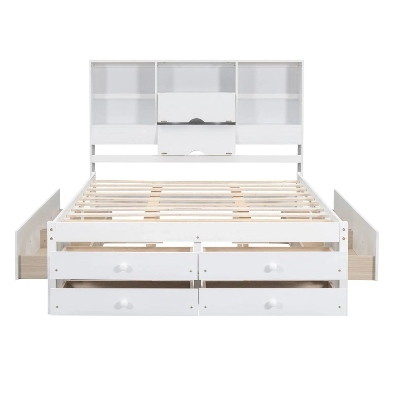 Modern Wooden Platform Bed with Storage Headboard and 8 Drawers for Bedroom