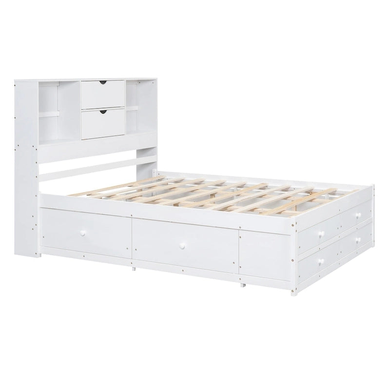 Modern Wooden Platform Bed with Storage Headboard and 8 Drawers for Bedroom