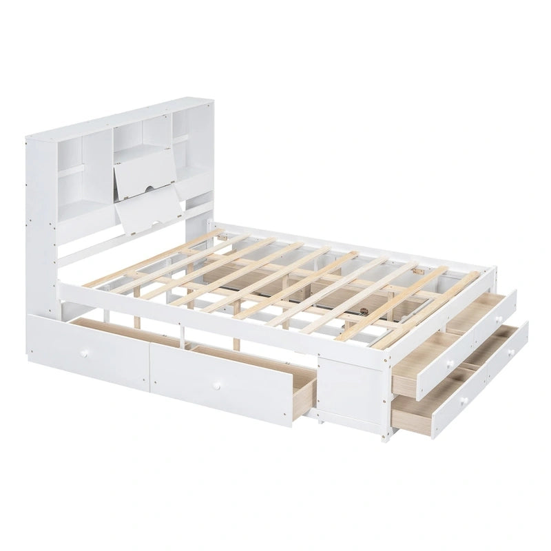 Modern Wooden Platform Bed with Storage Headboard and 8 Drawers for Bedroom