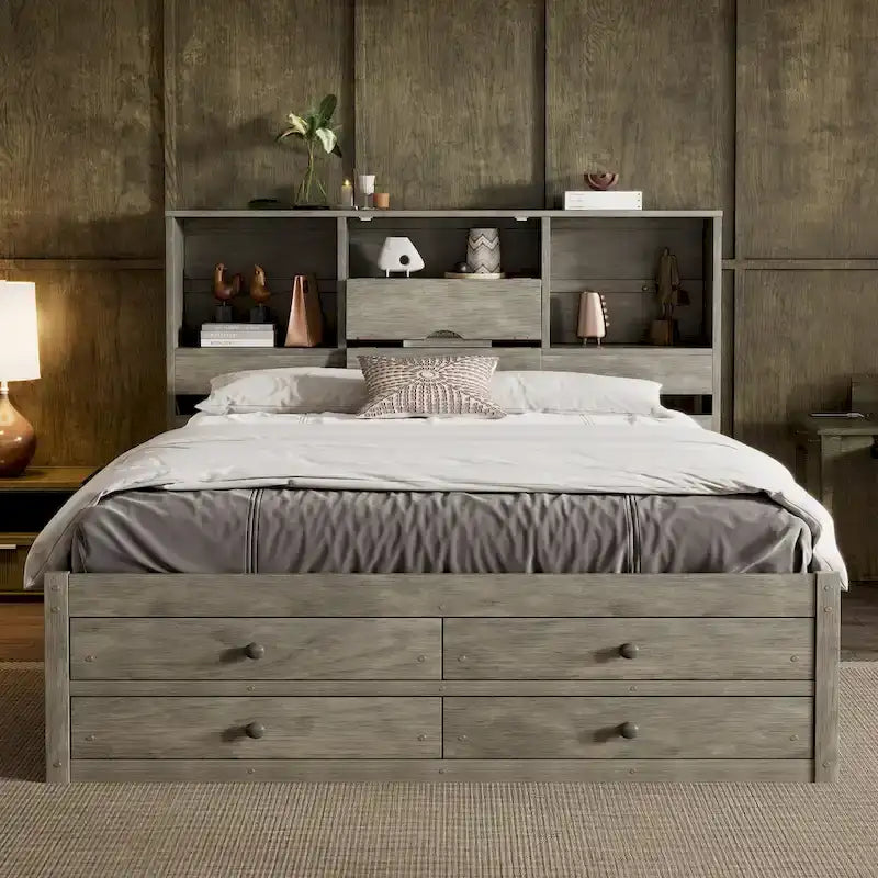 Modern Wooden Platform Bed with Storage Headboard and 8 Drawers for Bedroom