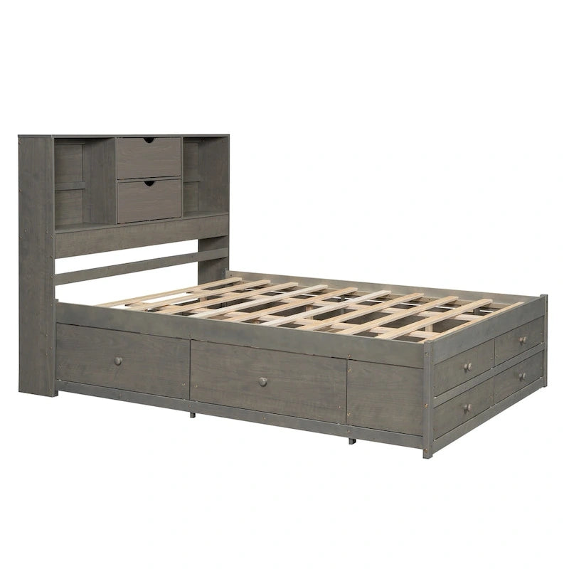 Modern Wooden Platform Bed with Storage Headboard and 8 Drawers for Bedroom