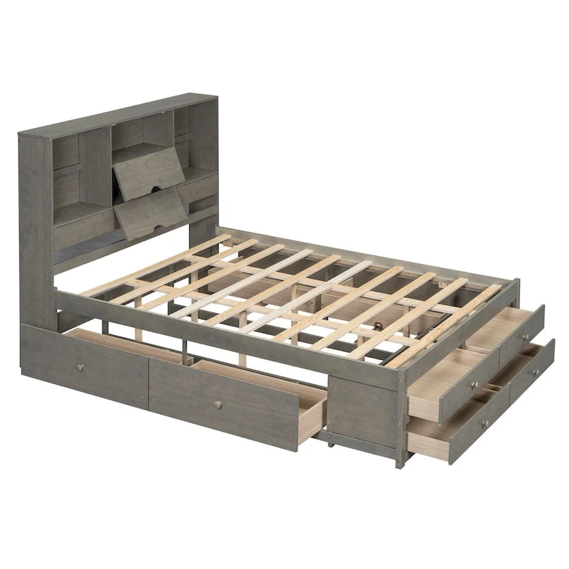 Modern Wooden Platform Bed with Storage Headboard and 8 Drawers for Bedroom