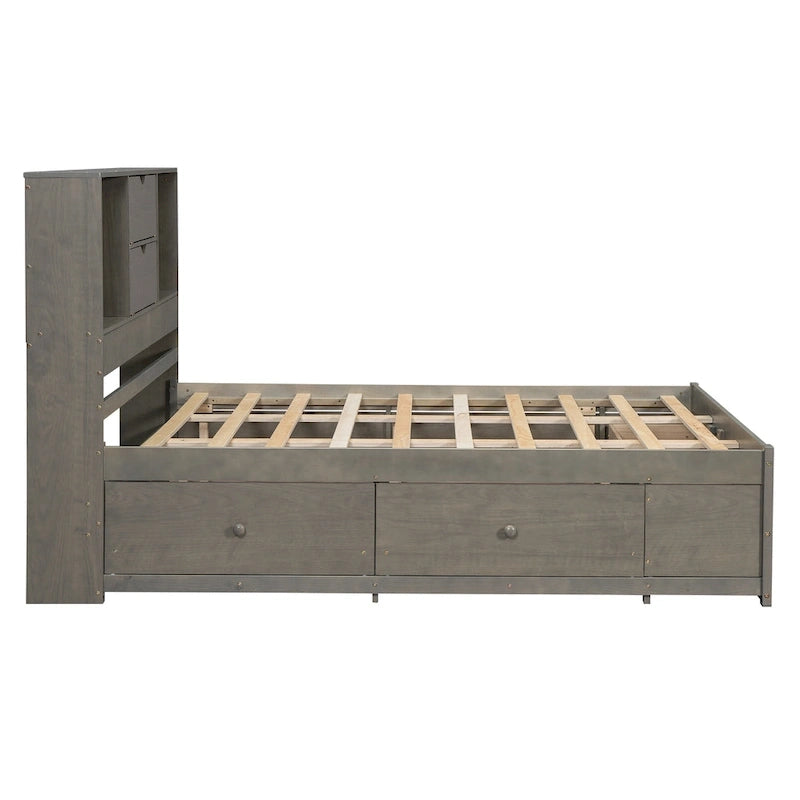 Modern Wooden Platform Bed with Storage Headboard and 8 Drawers for Bedroom