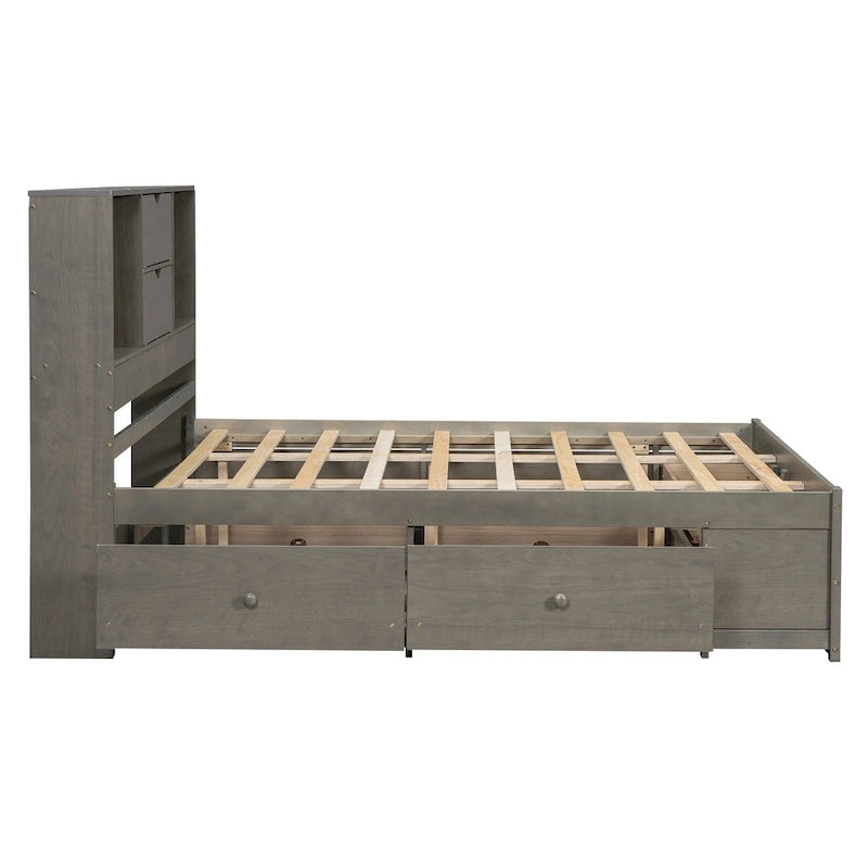 Modern Wooden Platform Bed with Storage Headboard and 8 Drawers for Bedroom