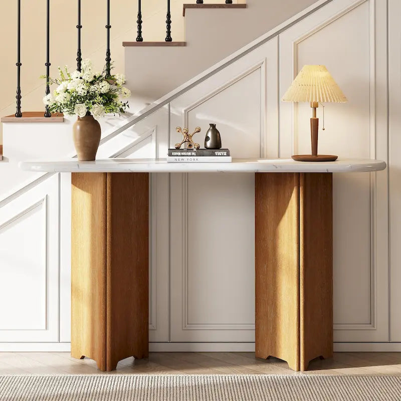 53.9 Console Table with Faux Marble Top & Wood Base