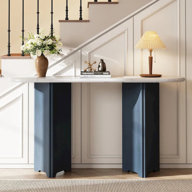 53.9 Console Table with Faux Marble Top & Wood Base