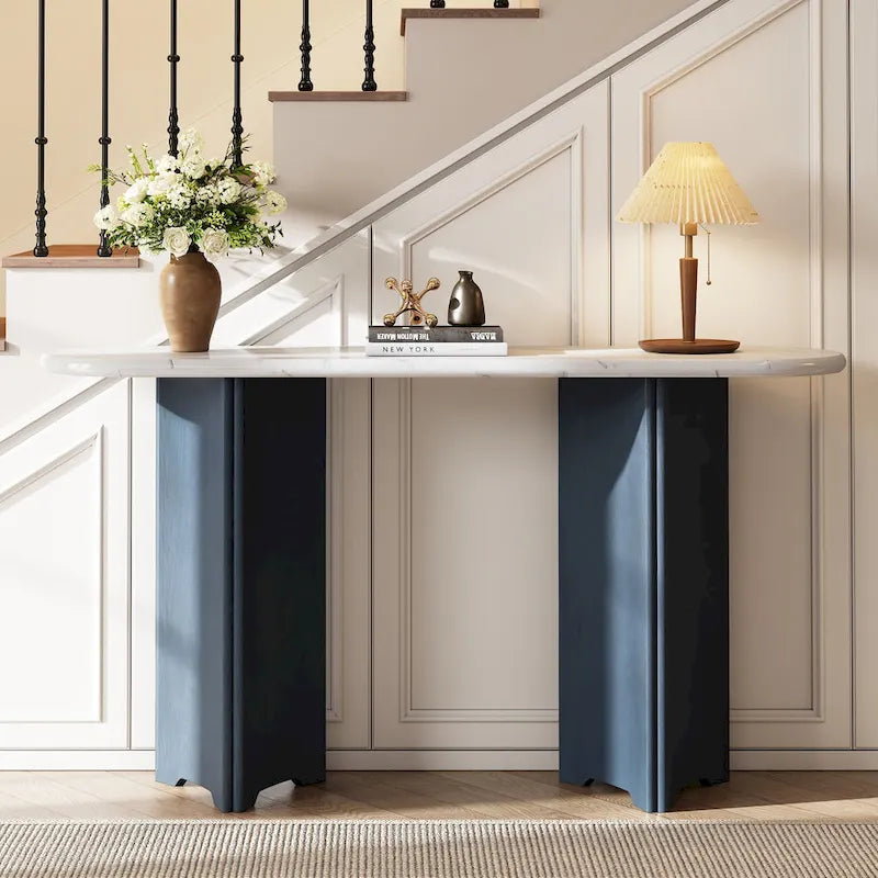 53.9 Console Table with Faux Marble Top & Wood Base