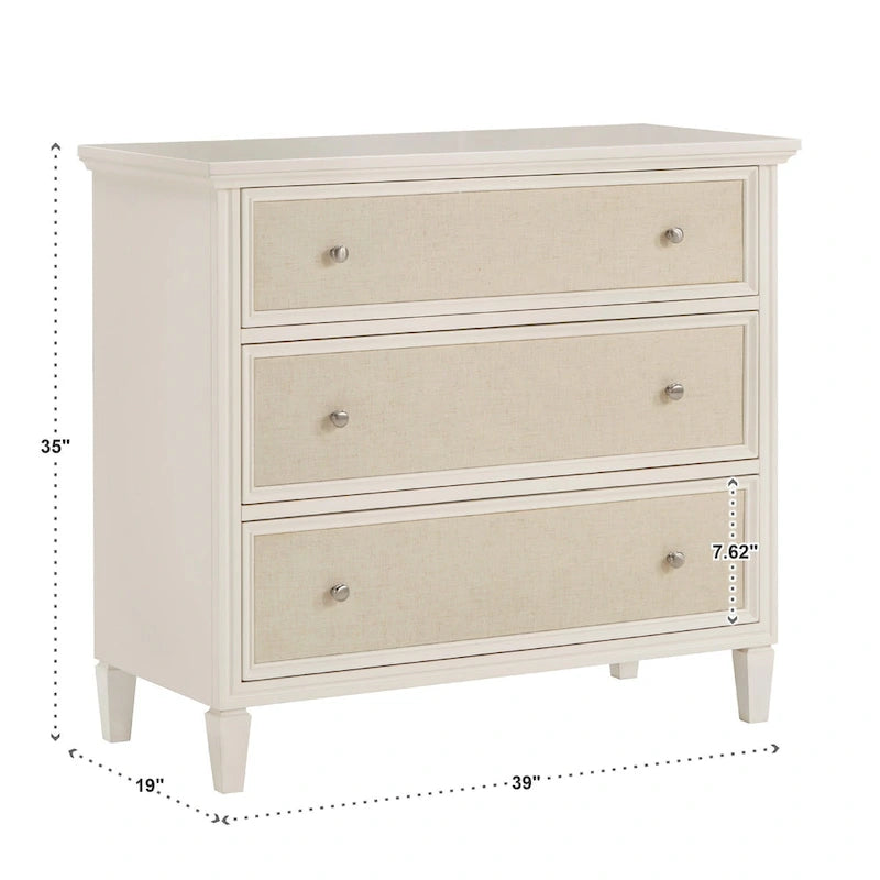 White Finish Beige Linen Drawer Face Dresser