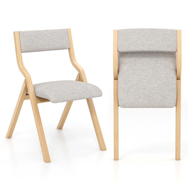 2PCS Folding Dining Chair Wooden Upholstered Linen Fabric Padded Seat