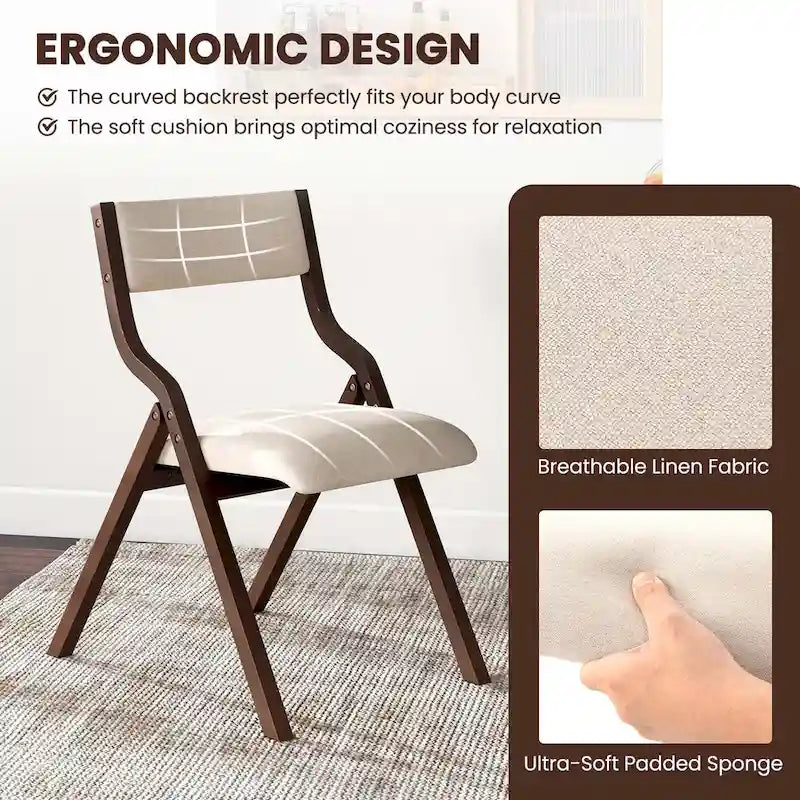 2PCS Folding Dining Chair Wooden Upholstered Linen Fabric Padded Seat