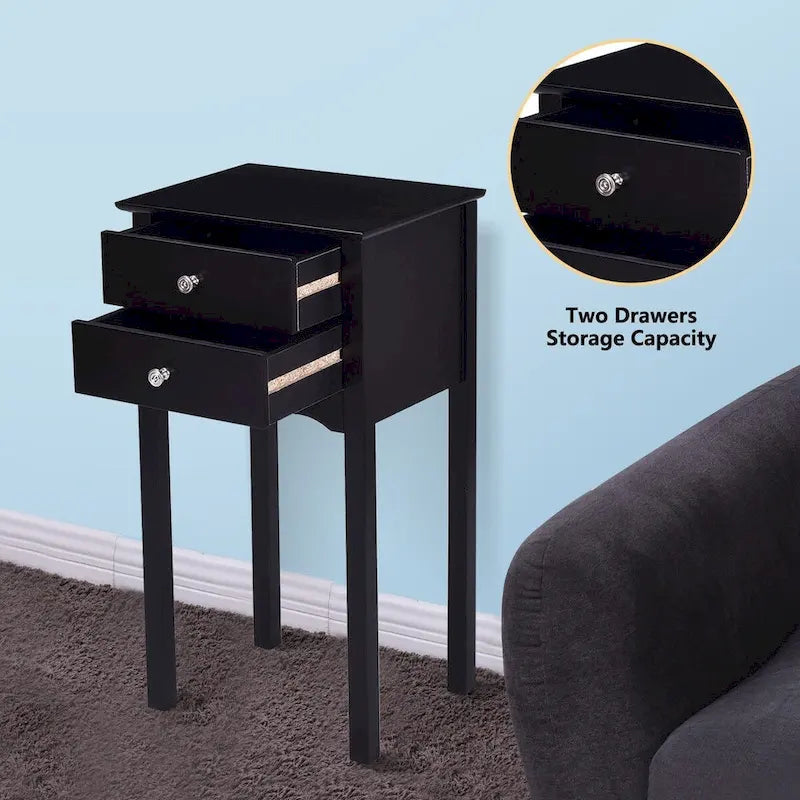 Side Table End Accent Table with 2 Drawers-Black - 16.0 x 13.0 x 30.0 (L x W x H)