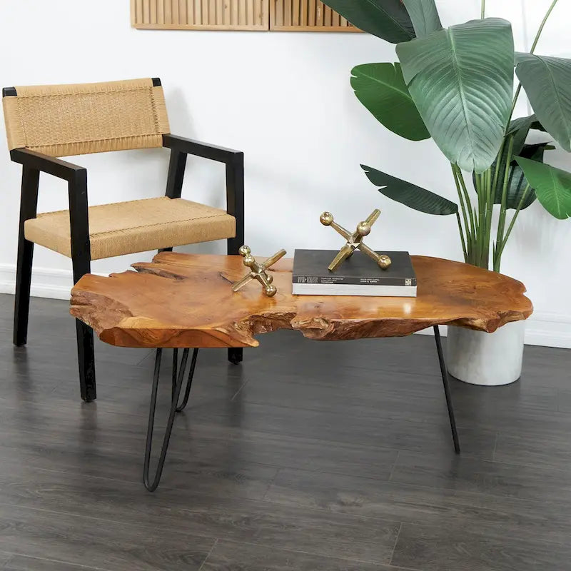 Wood Handmade Live Edge Top Coffee Table with Black Metal Hairpin Legs - Brown - Roche River Decor