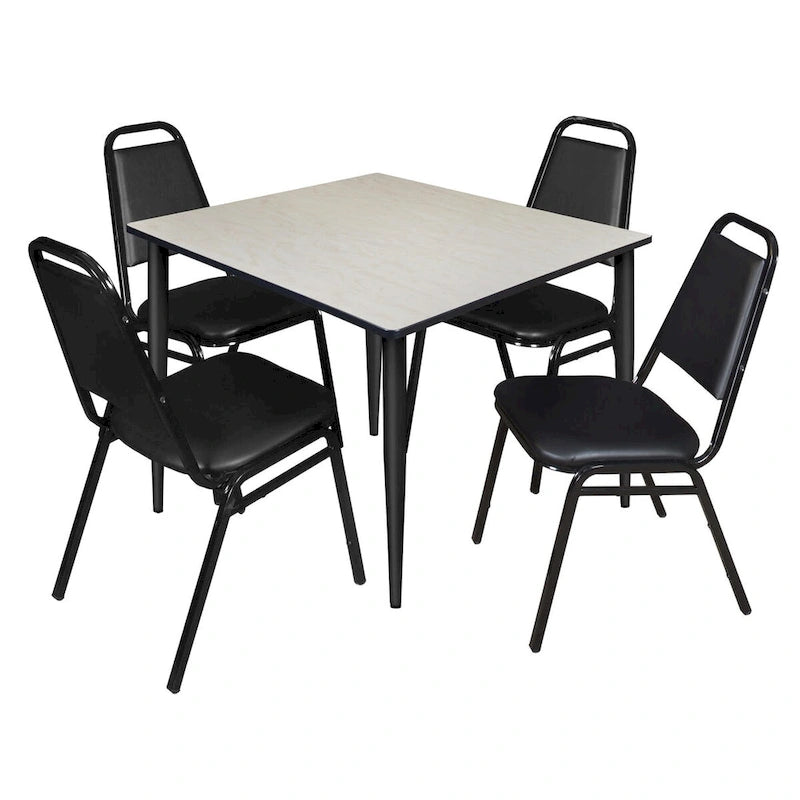 Kahlo 48 Square Breakroom Table- Maple/ Black & 4 Restaurant Stack Chairs- Black